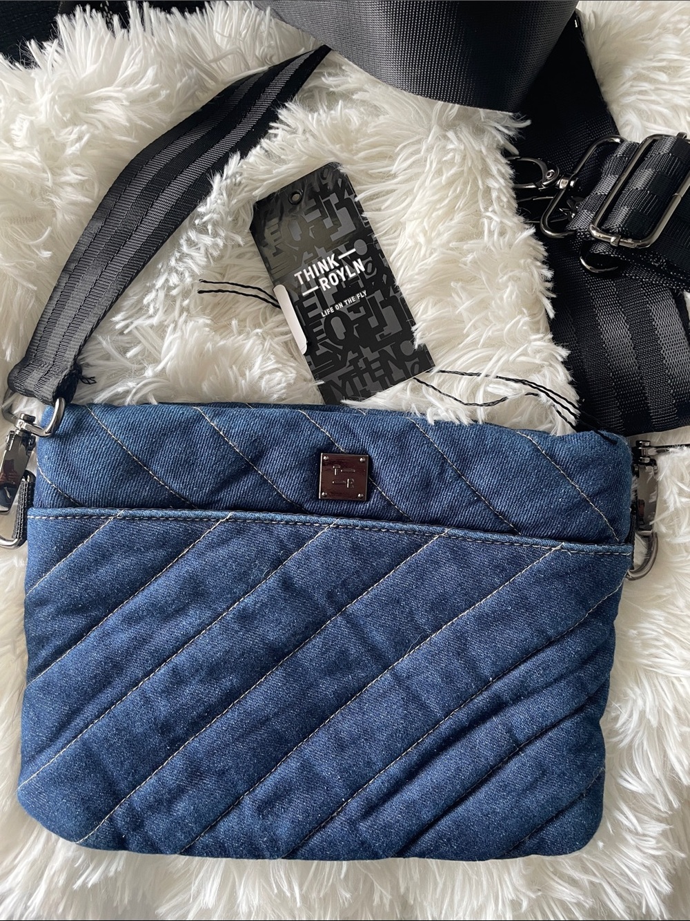 THINK ROYLN Quilted Denim Crossbody with Black Straps